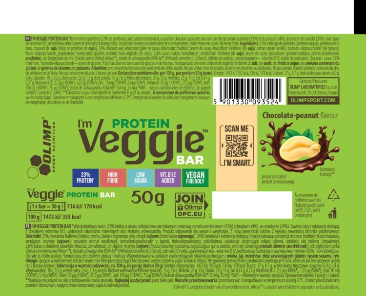 Baton białkowy Olimp I'm Veggie 50 g czekoladowo-orzechowy wegański