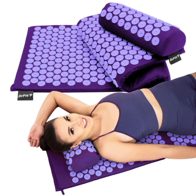 DrFit Mata do akupresury z kolcami długa 130x50 cm + poduszka fioletowa