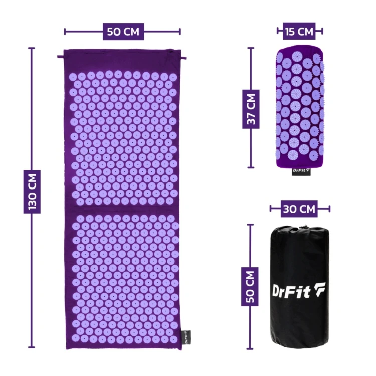 DrFit Mata do akupresury z kolcami długa 130x50 cm + poduszka fioletowa
