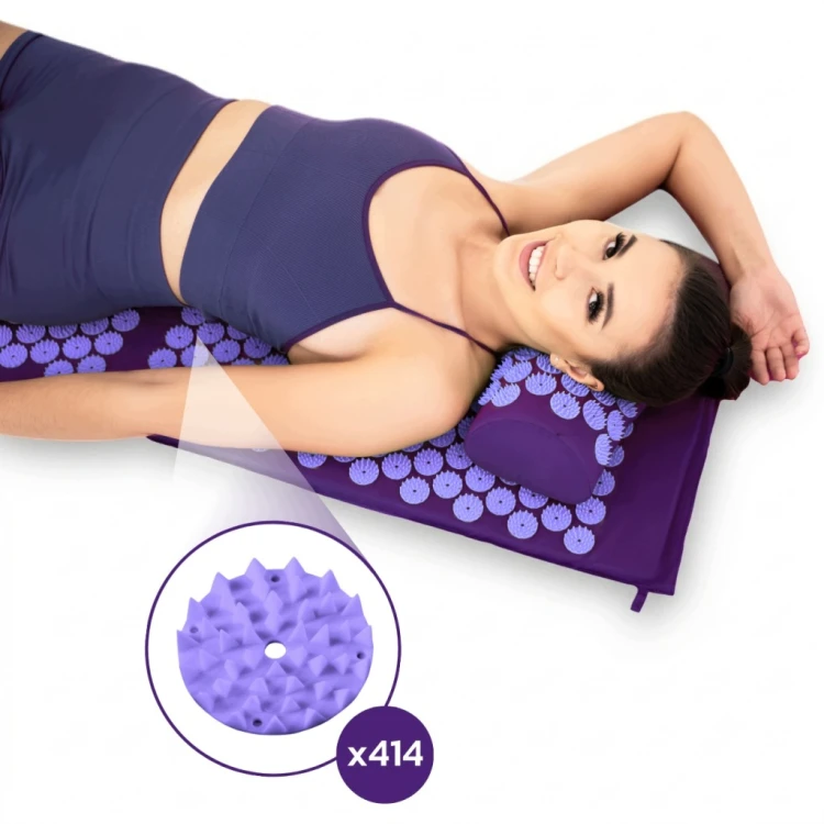 DrFit Mata do akupresury z kolcami długa 130x50 cm + poduszka fioletowa