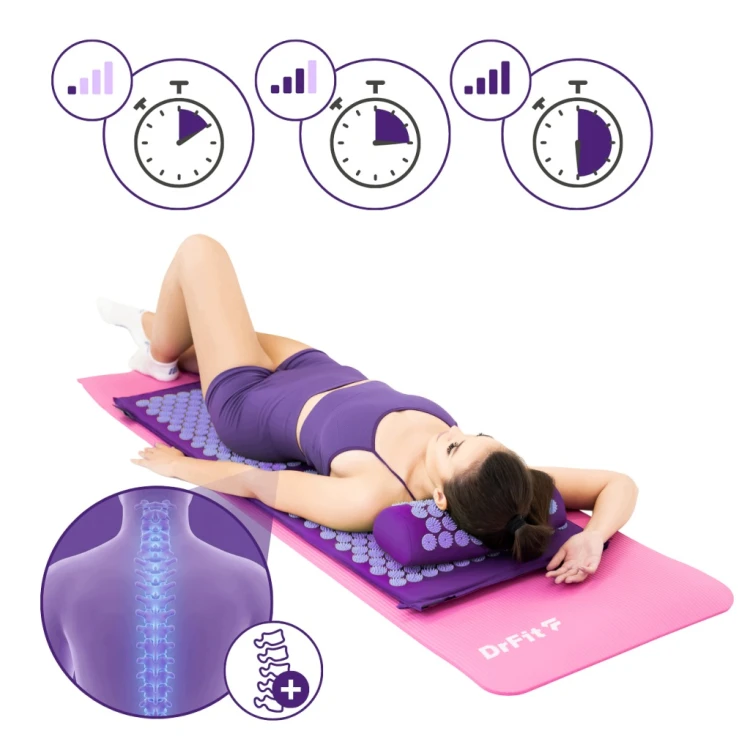 DrFit Mata do akupresury z kolcami długa 130x50 cm + poduszka fioletowa