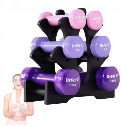 DRFIT Zestaw hantli 6 kg 6 szt. ze stojakiem 0,5 1 1,5 kg Fitness