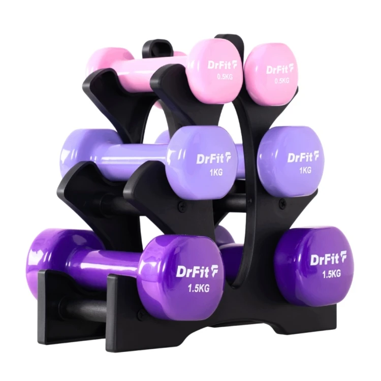 DRFIT Zestaw hantli 6 kg 6 szt. ze stojakiem 0,5 1 1,5 kg Fitness