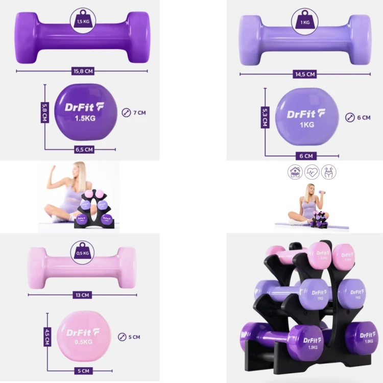 DRFIT Zestaw hantli 6 kg 6 szt. ze stojakiem 0,5 1 1,5 kg Fitness