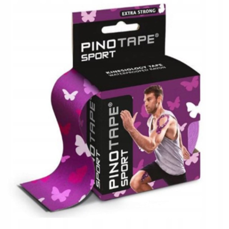 Taśma do kinesiotapingu wodoodporny PINO Sport 5cm x 5 m fiolet/wzór motyle