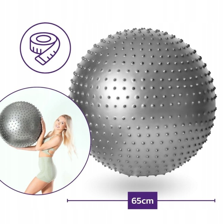 Piłka Rehabilitacyjna do Masażu Sensoryczna do Ćwiczeń Szara 65 cm + Pompka