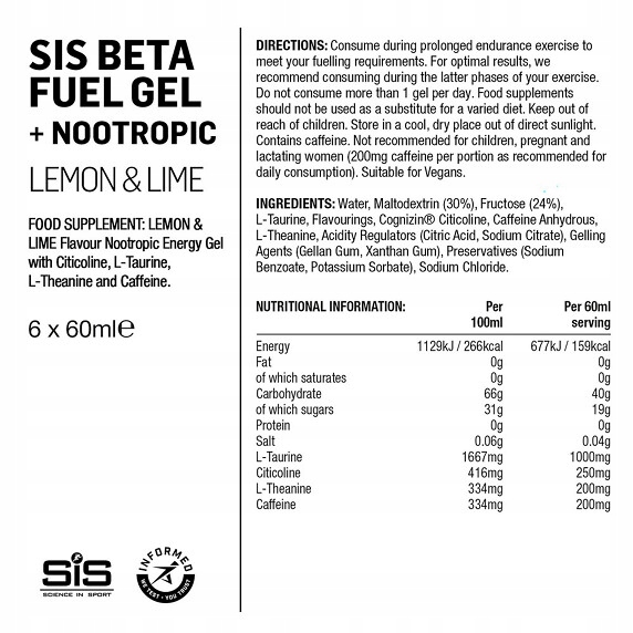 SiS Beta Fuel Nootropics Żel Energetyczny Kofeina Pomarańcza 6x60ml